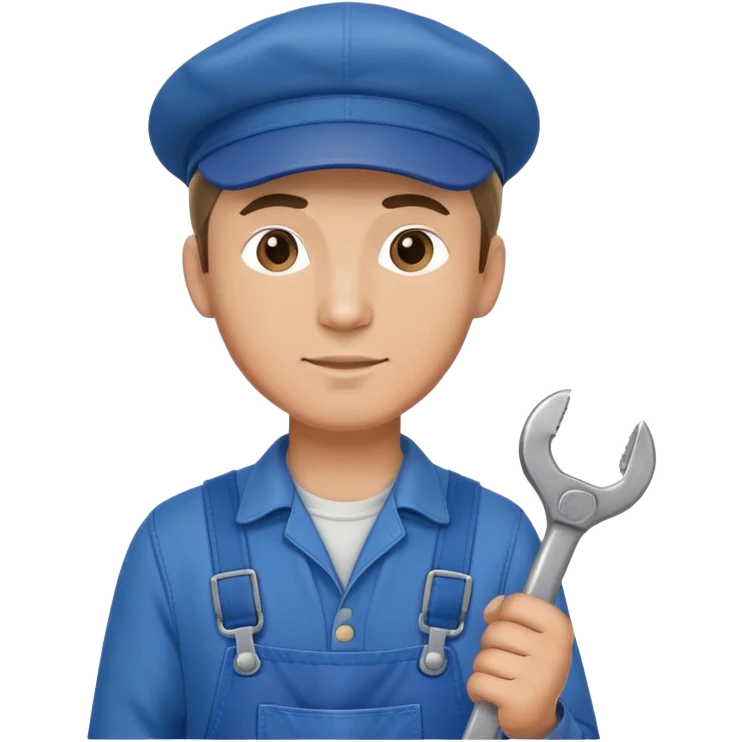 Russian male factory worker wearing overalls and a flat cap holding a wrench emoji