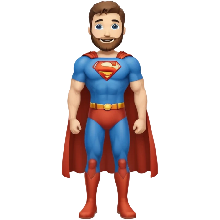 Full body Adult size Superman Blue Eyes Scruffy Redish and light Brown trimmed Beard Muscle happy emoji