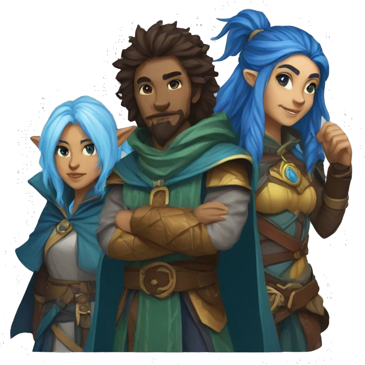 A dungeons and dragons team consisting of a human rogue,a blue Druid firbolg, a lion paladin and a female elf wizard emoji