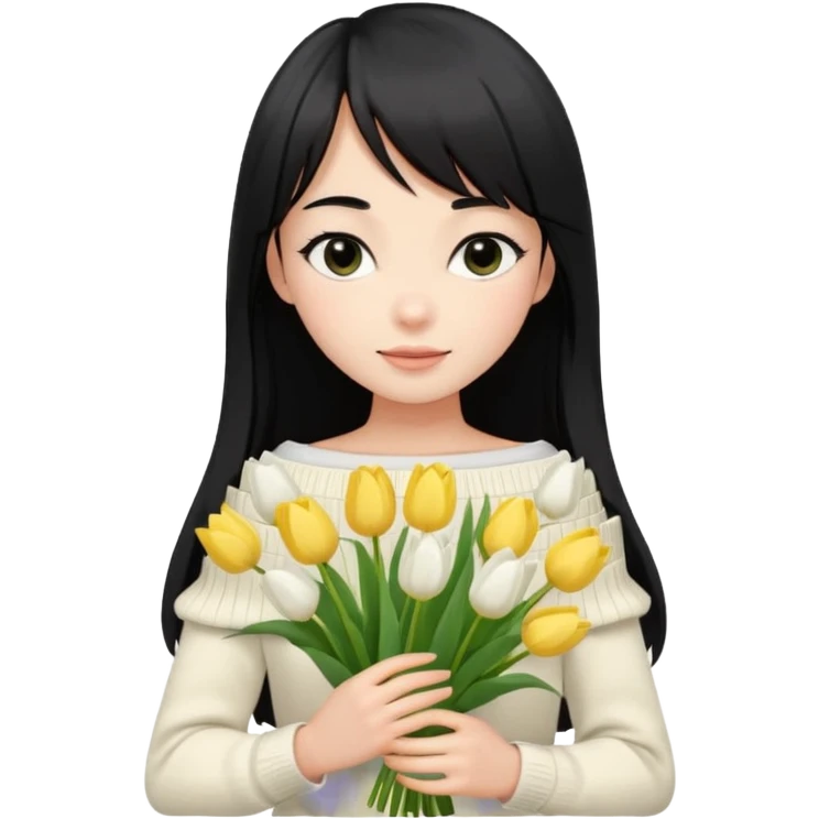 cute girl with long black hair, thin bangs, black eyes, cream off-shoulder sweater, holding a bouquet of white tulips emoji
