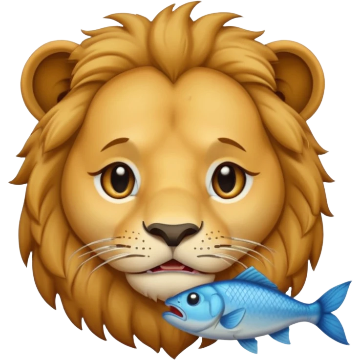  A lion eating a fish, feeling sad, cry, tear falling from eyes, portrait, bust up emoji