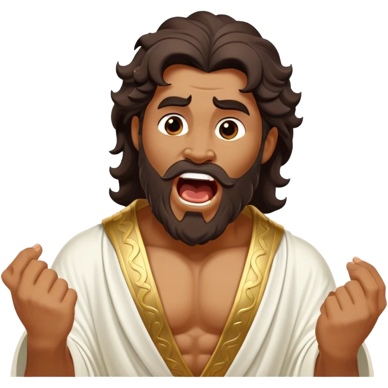 Cinematic Realistic Hercules Portrait, head tilted slightly with a dramatic, wide-open yawn, capturing a moment of relaxed vulnerability in this Disney-inspired Greek hero reminiscent of Michelangelo's David. His idealized bronze skin and thick, wavy dark hair maintain sculptural perfection even in repose, while his flowing white robe with understated golden accents softly catches ambient light, revealing a tender glimpse of serene, timeless strength. emoji
