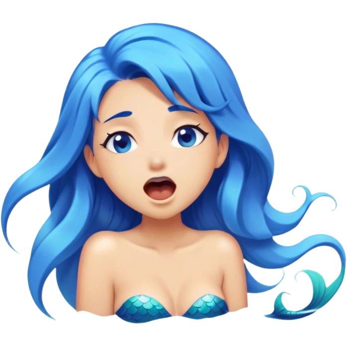 Cinematic Realistic Blue Hair Mermaid Portrait, head tilted slightly with a dramatic, wide-open yawn, revealing a tender, relaxed visage with intricately detailed, tanned skin and vibrant, cascading blue hair softly billowing around her. Her dreamy eyes exude a serene, aquatic charm, rendered with gentle underwater lighting and a soft, high-shine finish that captures the essence of a drowsy yet captivating mermaid drifting into tropical slumber. emoji