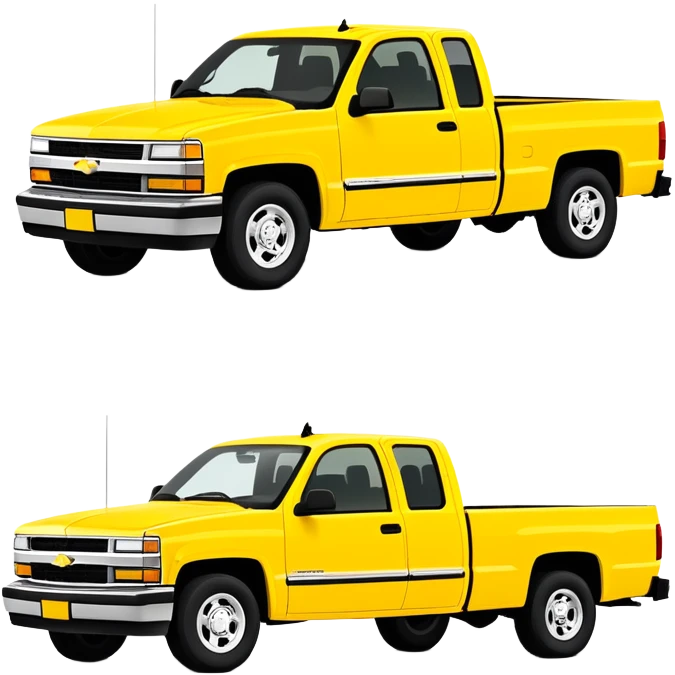 Iconic yellow 1997 Chevrolet C-2500 Crew Cab Silverado from Tarantino's Kill Bill, 30-degree perspective showing front and side, vibrant yellow paint job, minimalist style, iOS emoji emoji