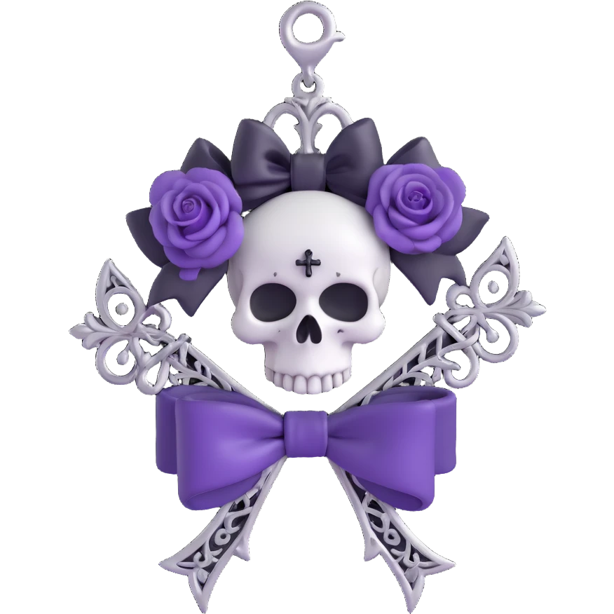 gothic bow with black velvet, silver skull charm, purple rose center, and tiny silver cross pendant, ornate and dark emoji