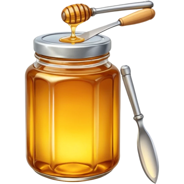 honey jar with golden honey and a metal knife beside it emoji