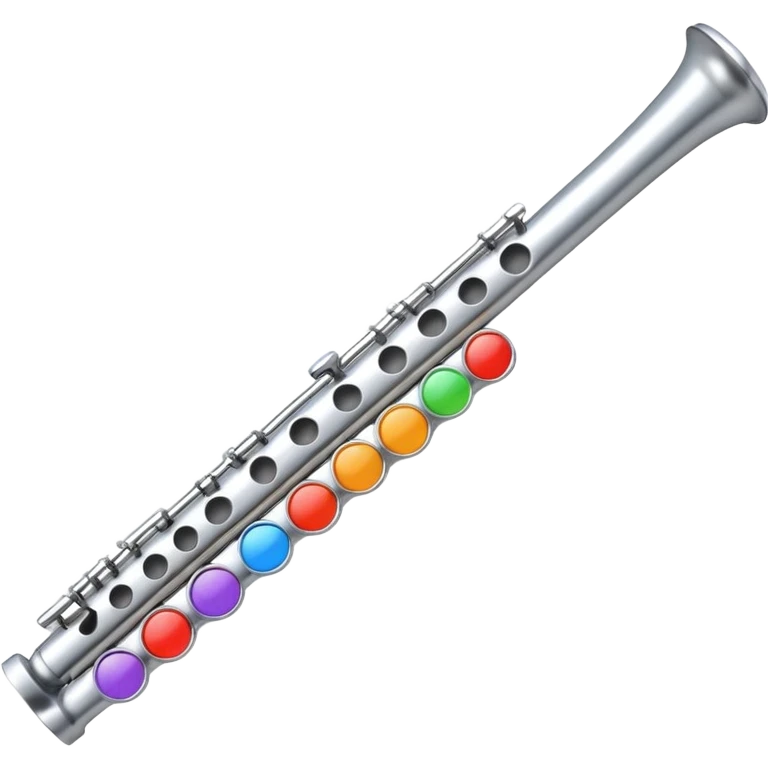cartoon-style metal flute with buttons, mouthpiece visible, playful and colorful, emoji-like emoji