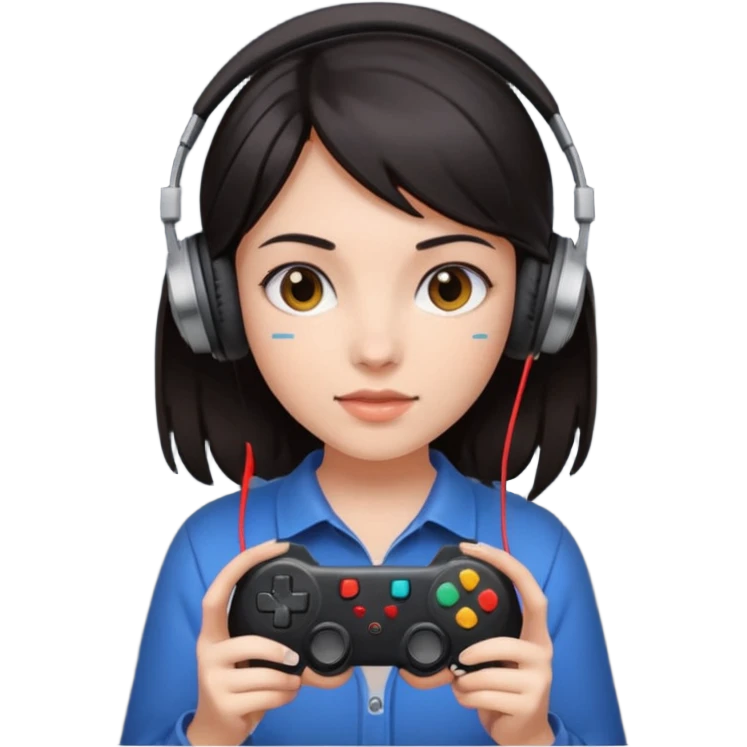 dark haired girl with headphones holding game controller emoji