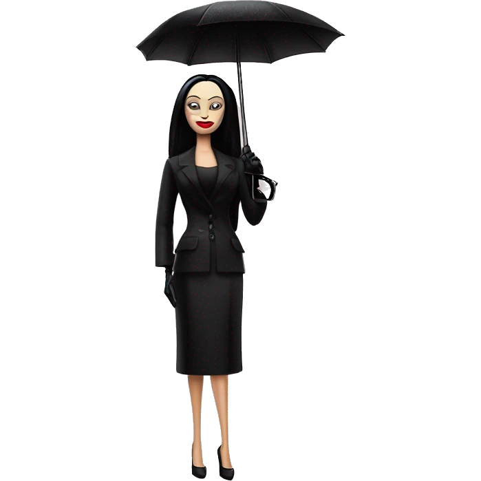 Morticia Addams at a rainy funeral holding umbrella. funeral mask,gloves, small purse.Gal on the Go Barbie  emoji