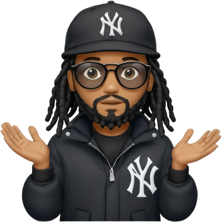 African American man with shoulder length black dreadlocks with black beard wearing black sunglasses wearing a black New York Yankees logo baseball cap wearing a black bubble winter coat with hands down emoji