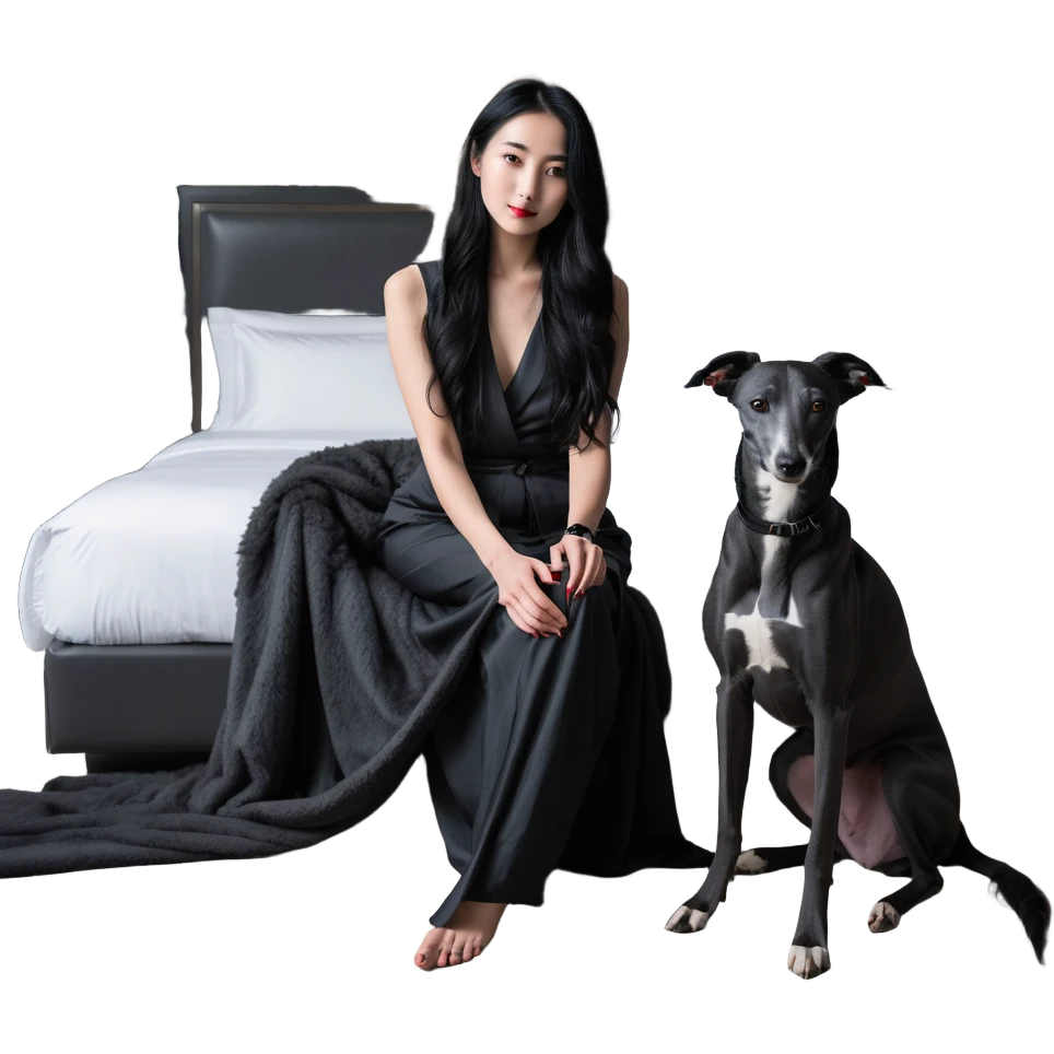 Very thin Chinese woman with long black hair relaxing in a luxurious hotel suite with exactly ONE whippet dog. EXTREME IMPORTANCE: the whippet must be ONE SOLID VERY DARK CHARCOAL GREY COLOR from nose to tail with ABSOLUTELY NO WHITE MARKINGS anywhere - NO white on face, NO white on muzzle, NO white on chest, NO white on paws, NO white on tail - NOTHING BUT A SINGLE SHADE OF VERY DARK GREY throughout the entire animal emoji
