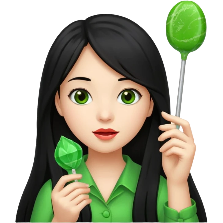 A girl with long black hair holding a piece of green hard candy in one hand and a green candy wrapper showing a guava on it in the other hand emoji