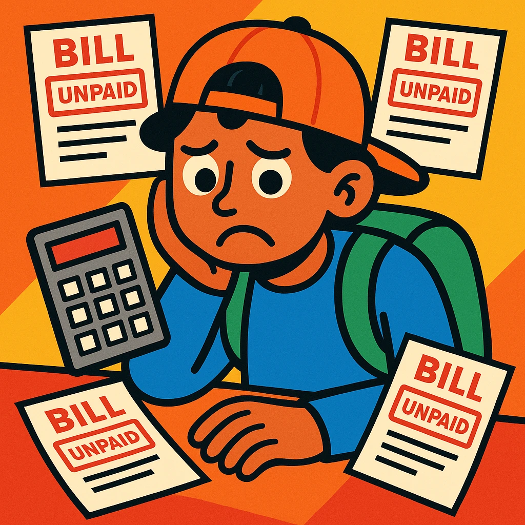 A student with a calculator and a frown, surrounded by unpaid bills emoji