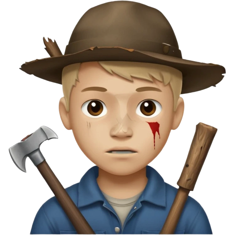 13 y/o Brian robeson at the beginning of Hatchet
distressed, has hatchet, small scratches on face, no blood on hatchet emoji