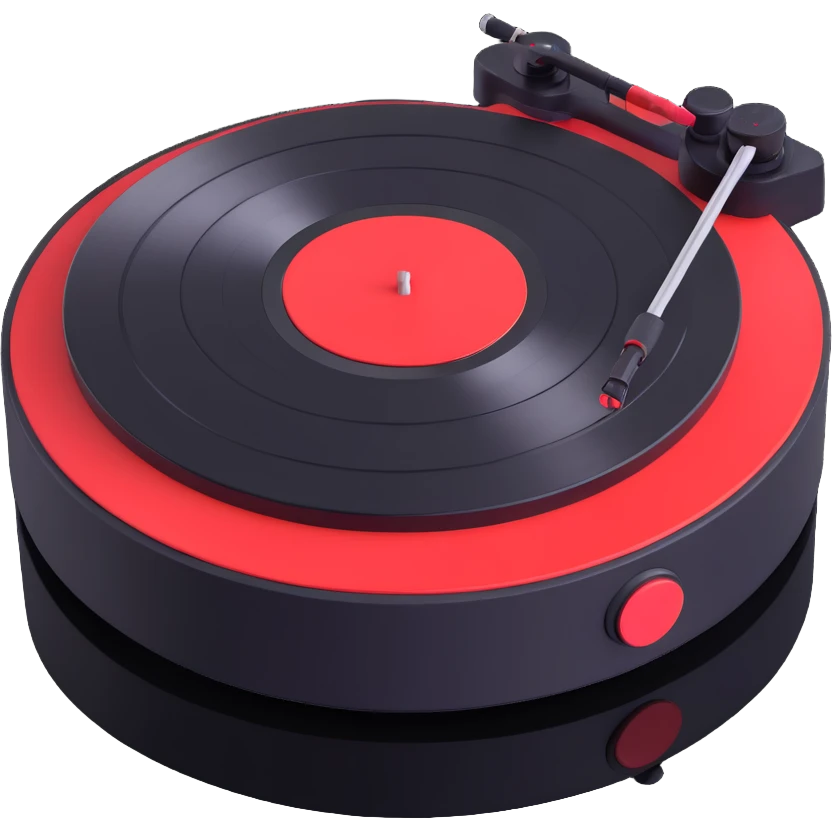 Technics-style turntable in 3D, Disney Pixar animation style, playful rounded features, vibrant colors, black and red as main colors emoji