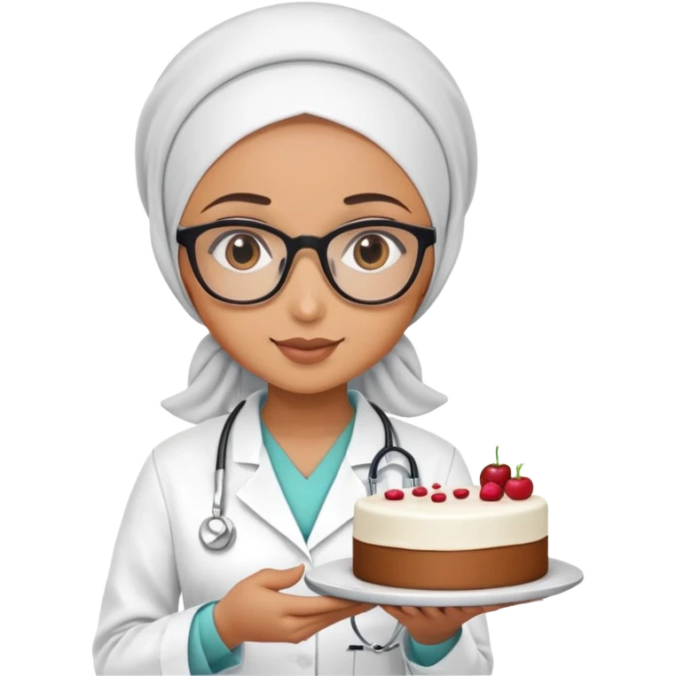 A hijabi girl wearing glasses, wearing doctor scrub, holding a plate with a cake emoji