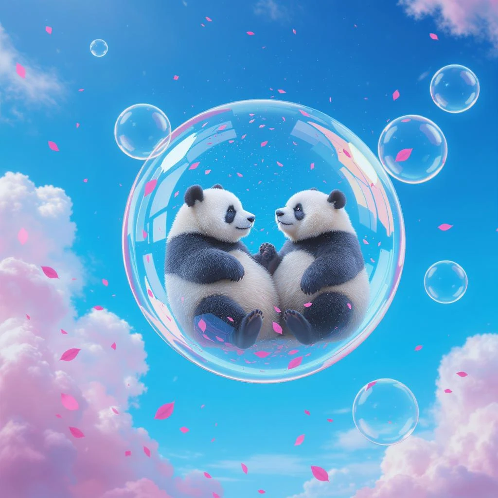 Realistic, Minimalistic Cinematic still of pandas bears sitting inside flying bubbles, blue sky filling background , pink clouds, pink leafs falling around emoji