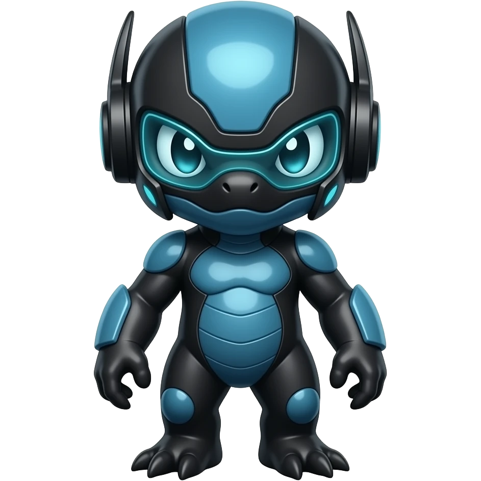 a black-blue Genesect-Raptor-Fakémon—hybrid with a futuristic visor-helmet full bodya black-blue Genesect-Raptor-Fakémon—hybrid with a futuristic visor-helmet full body emoji