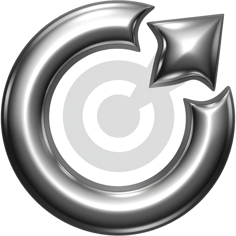 circular ring icon, liquid chrome metallic material,  flowing silver reflections, sharp angular tension in the form,  arrow or target energy embedded in the shape aiming to the top,  monochrome black white silver, dramatic studio lighting, white background emoji