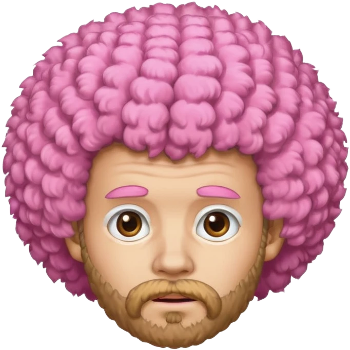 A light-skinned man with a fluffy pink afro, brown eyes, a beard, and a slightly uneasy expression. emoji