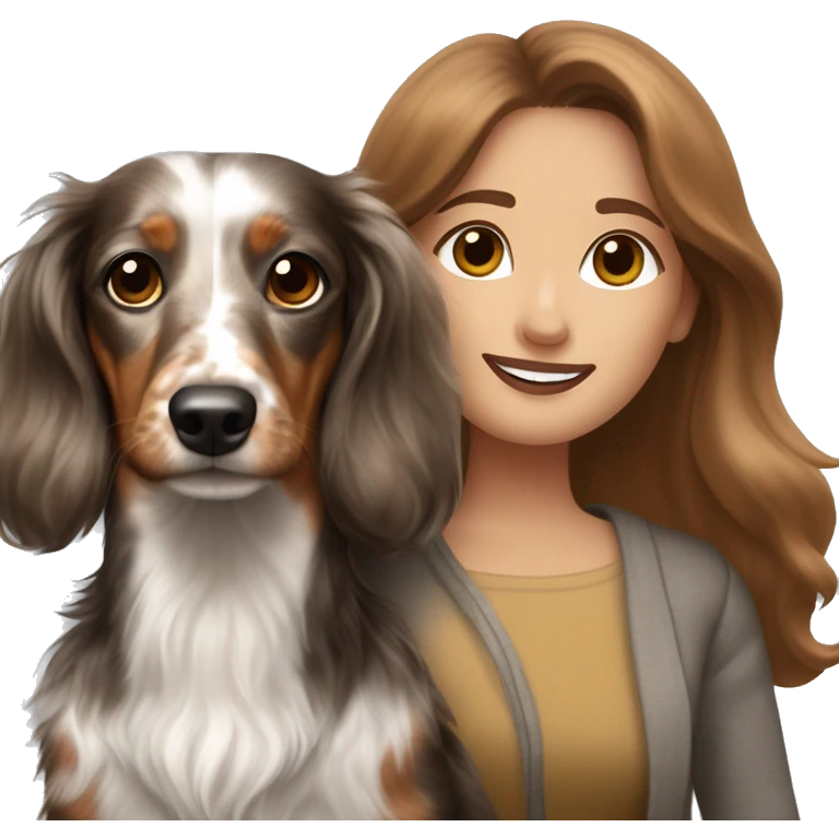 Tri Merle long haired Dachshund together with brown haired woman  emoji