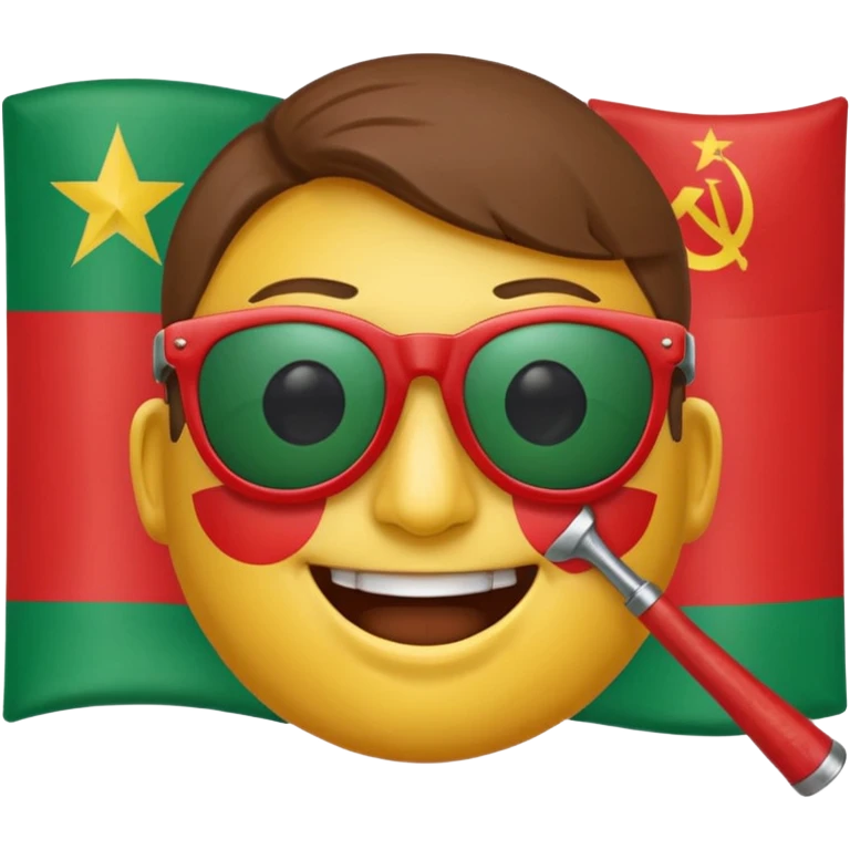 A smiling face emoji with the flag of Transnistria, a horizontal tricolor of red, green, and red stripes with a hammer and sickle in the upper left corner, with sunglasses. emoji