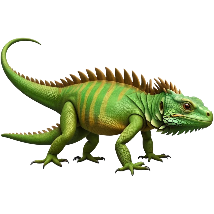 cinematic-iguana-realistic-full-body-basking-emoji,-long-scaly-body-stretched-out,-spiny-ridge-running-down-its-back,-textured-green-and-brown-skin-dappled-with-light,-sharp-intelligent-eyes-studying-the-surroundings emoji