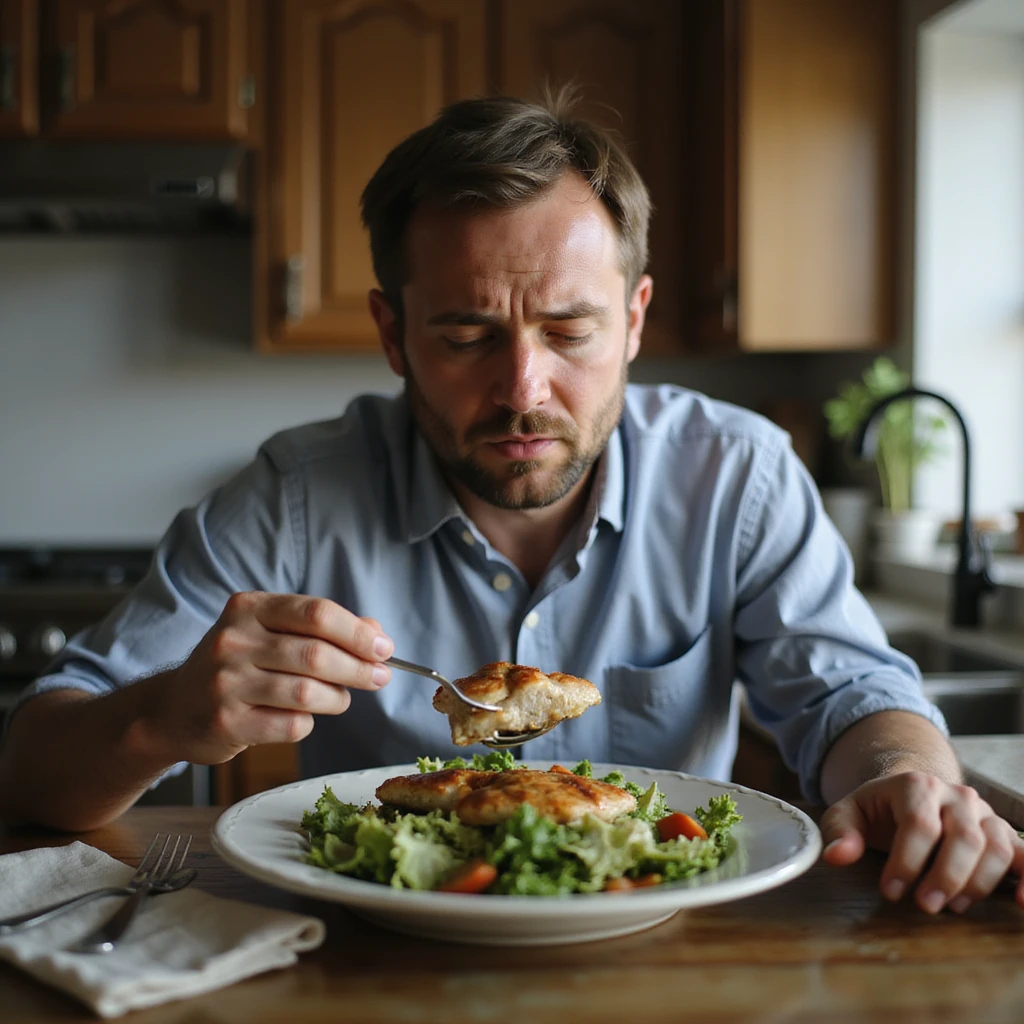man eating only salad and chicken breast looking at the scale with a disheartened expression, kitchen environment, hyperrealistic details, 4K emoji