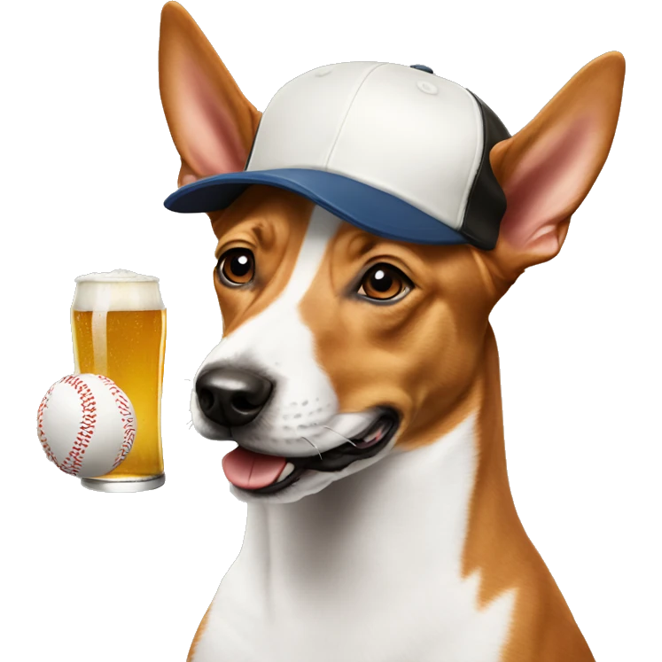 Basenji with a baseball hat holding beer emoji
