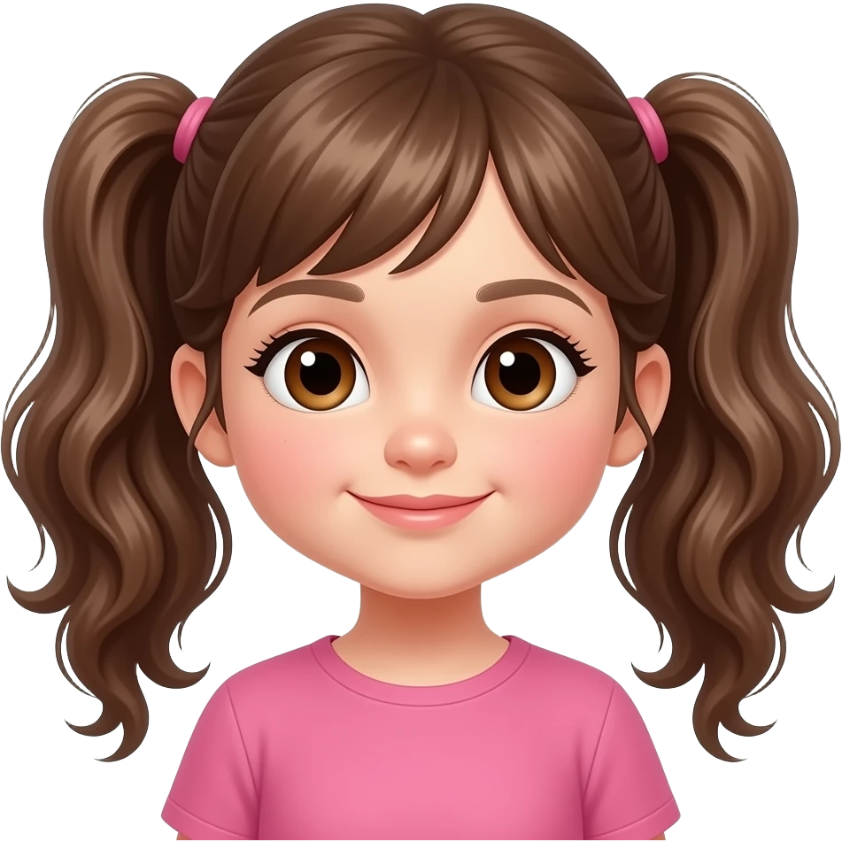 Niña pequeña con dos coletas muy largas y onuladas marones y ojos marrones con ropa emoji