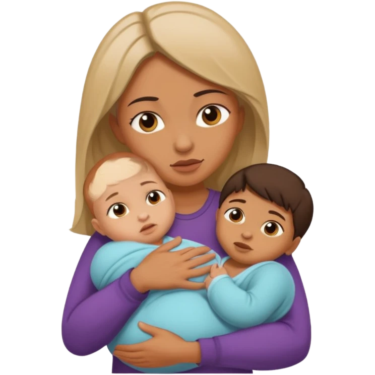 A woman holds her baby in her hands hugs him and looks a little agressive  emoji
