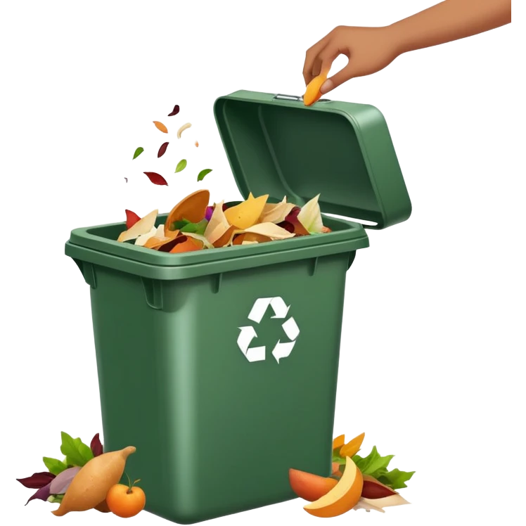hand dropping food scraps into a trash bin, clean and expressive emoji