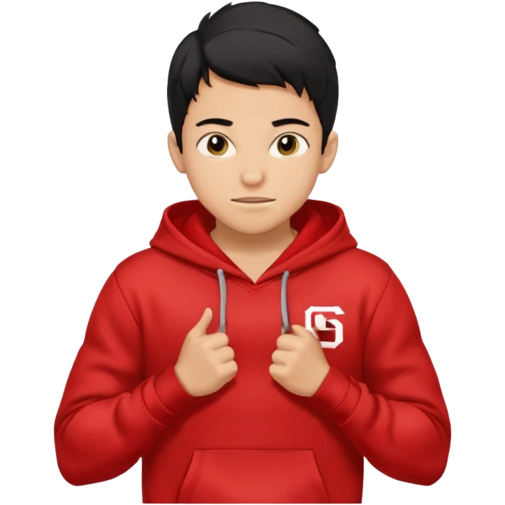 make me an emoji of an americain 19 yearold boy in a red hoodie that says "south" on it and give him with tan skin with his hands in his hands in his pocket wth a small smile flexing his muscles with his hood on emoji