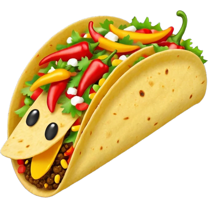 Mexican cuisine humanless avatar in bright emoji-style illustration. Taco with peppers, colorful palette, simple shapes, flat design, festive and bold. emoji