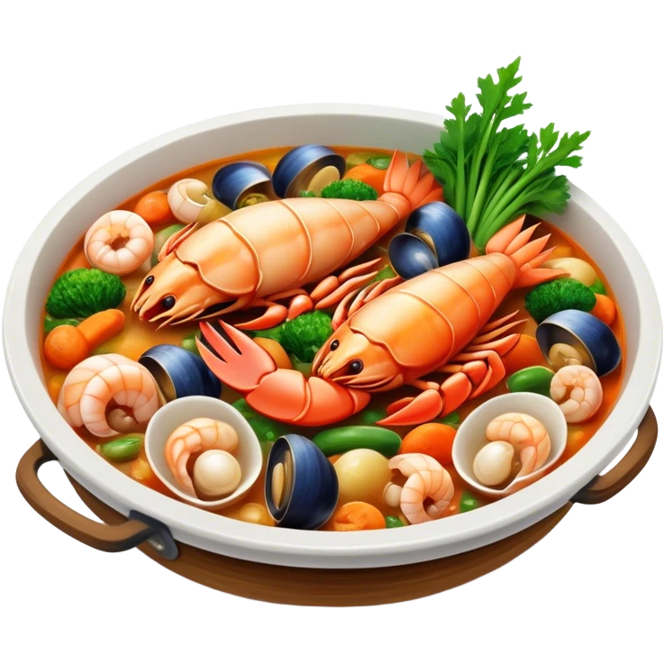 Cinematic Realistic Buzara Seafood Dish Emoji, depicted as a rustic, flavorful seafood stew with shellfish rendered with rich textures and dynamic, maritime lighting. emoji