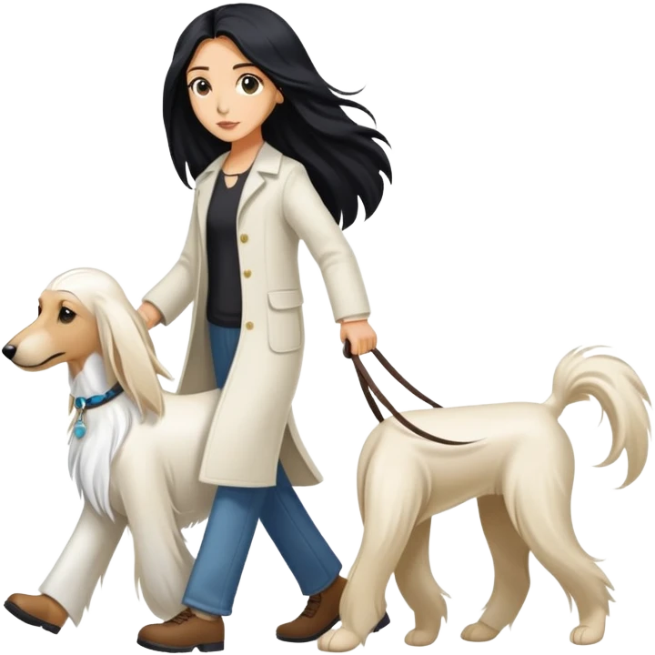 A girl with long black hair walks a white Afghan hound emoji