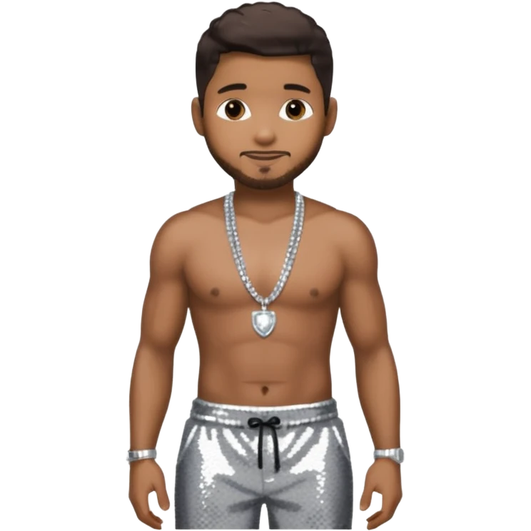 Usher with dark brown hair, black sequin baggy pants, shirtless with necklace emoji