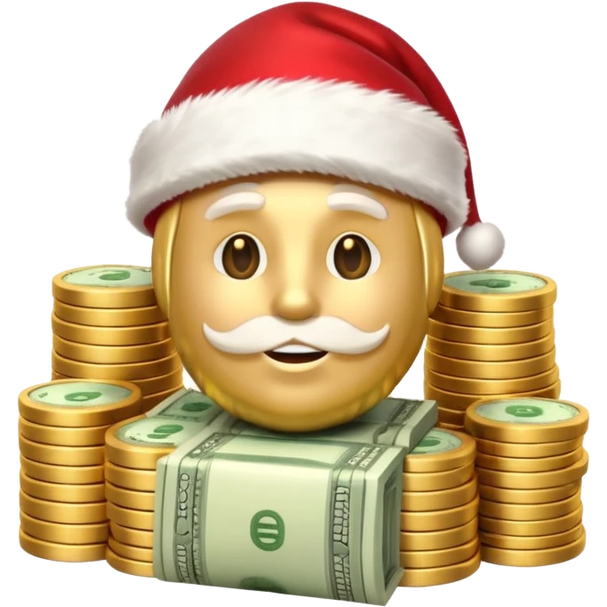 A confident rich emoji face wearing a Santa hat, money stacks, casino vibe, New Year theme, premium 3D emoji style, sharp details, no text, isolated on transparent background emoji