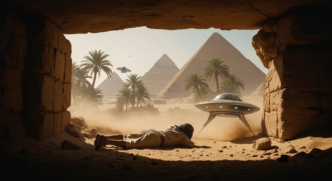 cinematic still, documentary photography, acient egypt, back shot of a man dress in ancient clothes in cave (frame in frame effect) on ground laying front of small ufo starship, sand flying around, palms, dynamic scane, leading lines, captured by arri alexa, depth layers, piramids in babckground emoji