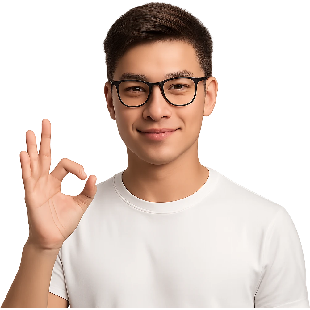 a young Asian man with cool brown short hair, wearing black framed glasses, a white top, making an OK gesture with his right hand, and smiling confidently emoji