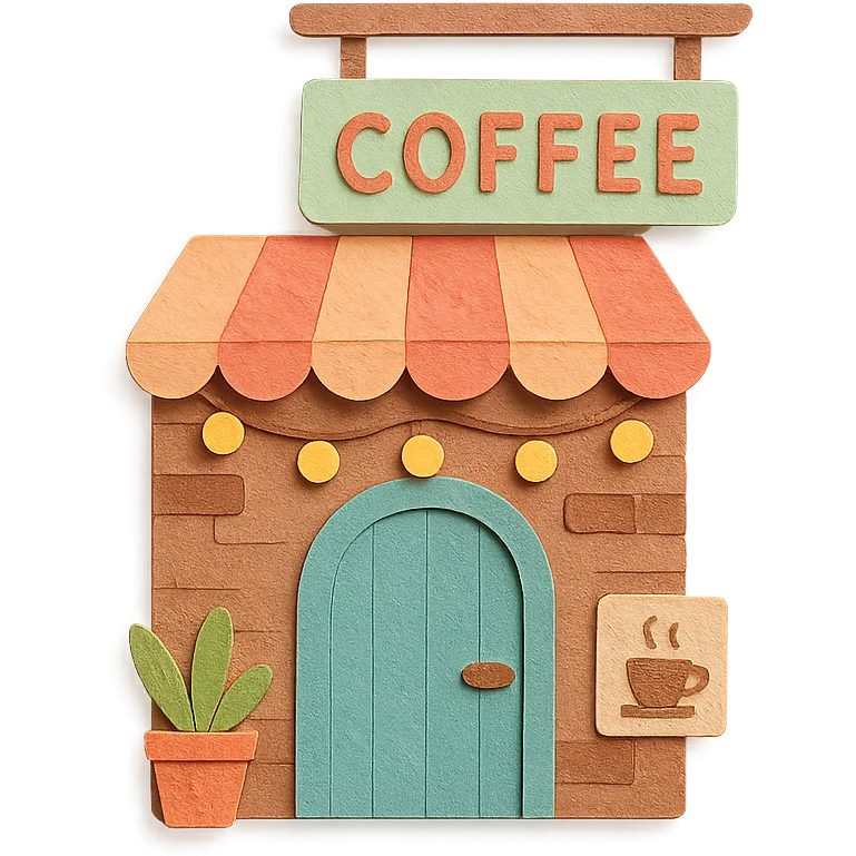 cozy coffee shop entrance with pastel hanging sign, string lights, and cute details, hand-drawn soft pastel style emoji