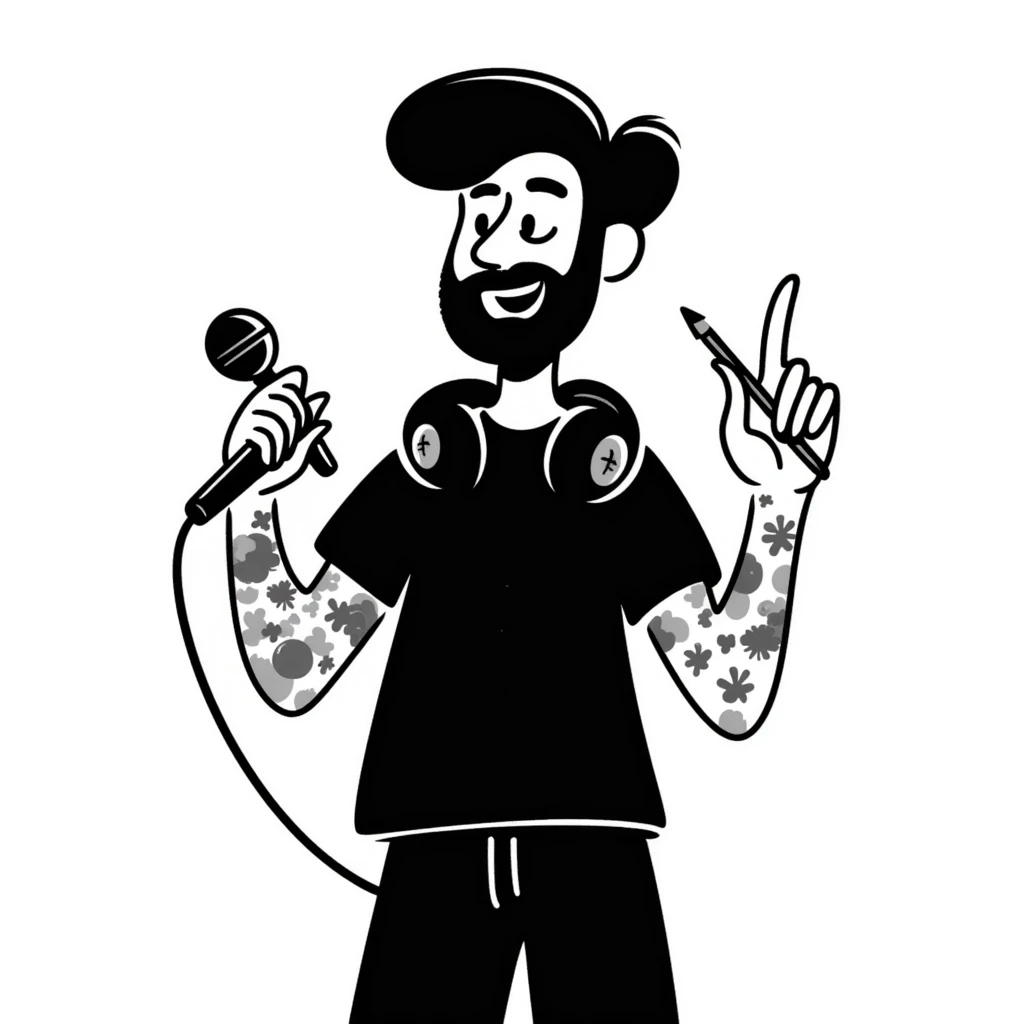 pop musician with stylish short beard, sleeve tattoos, headphones around neck, enthusiastic smile, gripping microphone with left hand and pencil with right hand emoji