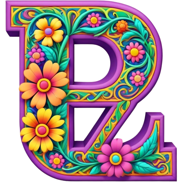 3D, gothic style psychedelic colored Letter Z with hippie style flower border emoji