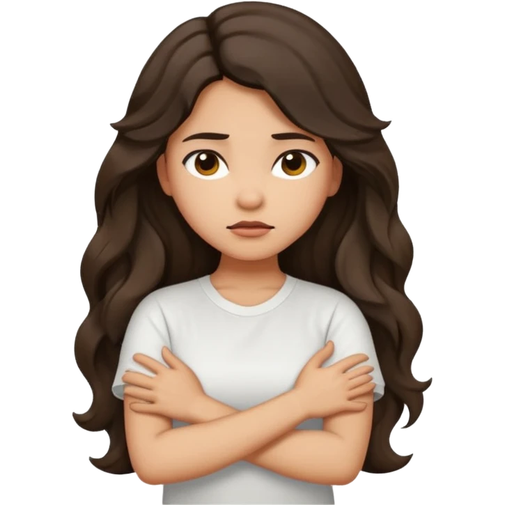 Hispanic light tan girl with long dark wavy hair crossing her arms under arm pit and slightly pouting emoji