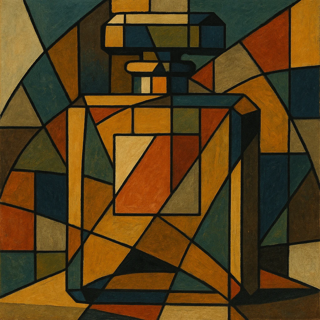 Chanel perfume bottle in cubist abstraction style, geometric shapes, bold lines emoji
