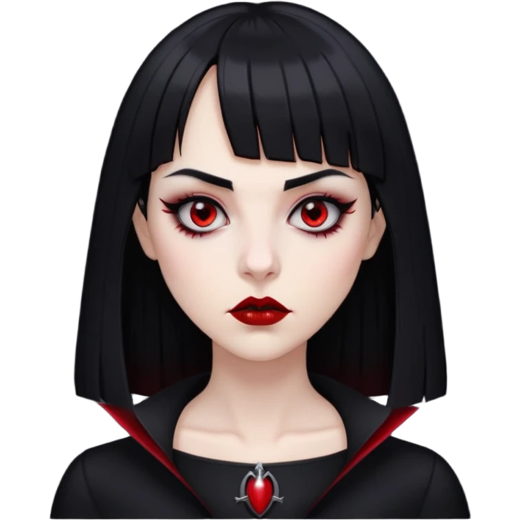 pale woman with black long straight black hair red sleepy eyes with black eyeliner black lipstick vampire teeth straight short bangs serious expression with thin black eyebrows nose piercing black clothe  emoji