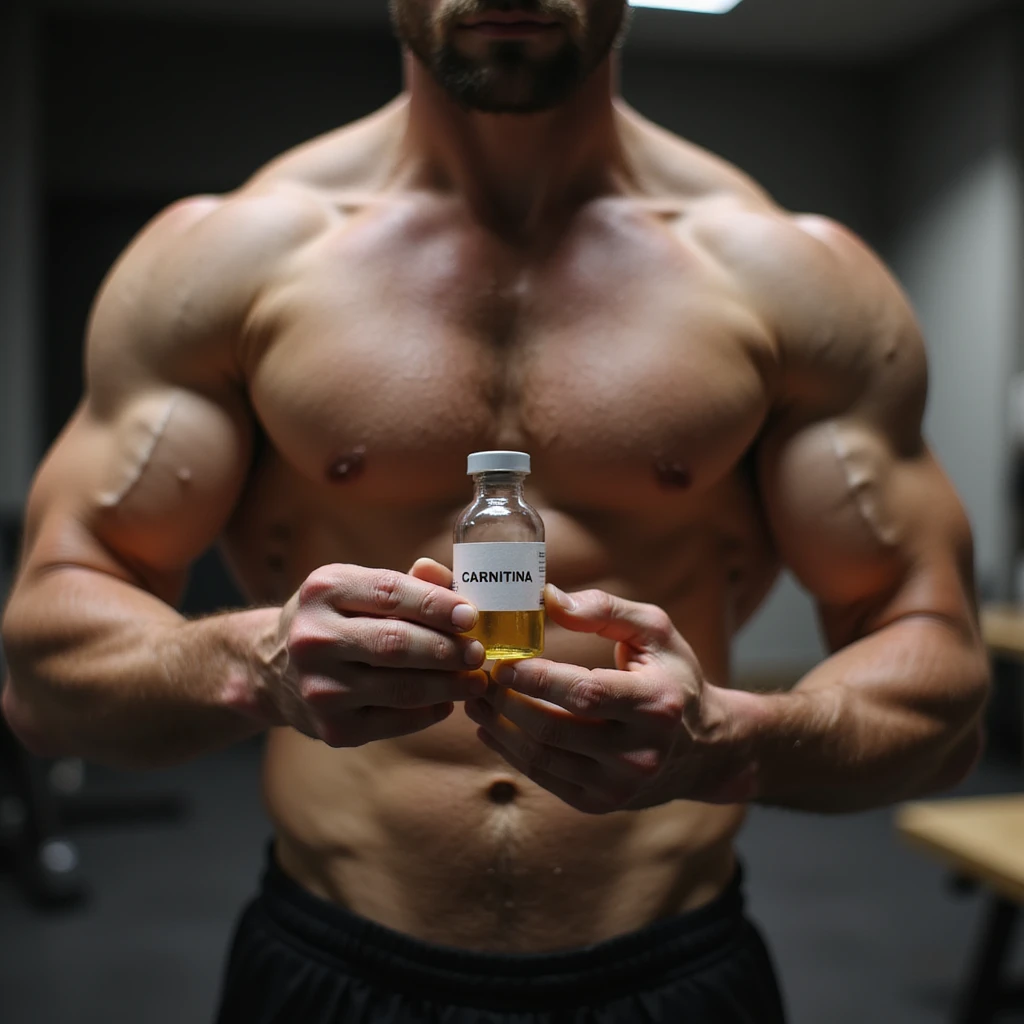 muscular bodybuilder, hyperrealistic photographic style, showing a vial labeled 'CARNITINA' emoji