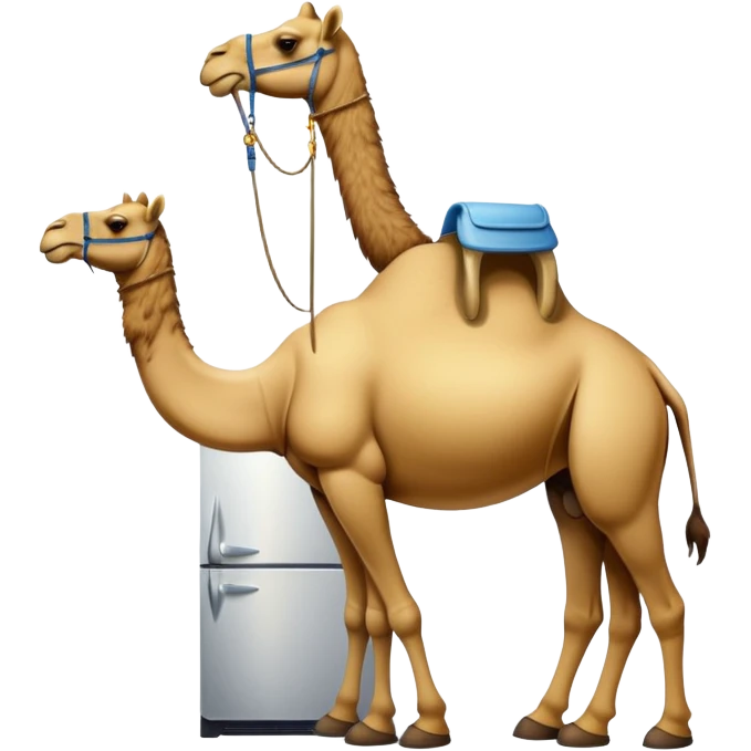 An appliance hybrid with a refrigerator body, a long-necked camel head emerging from the top, and four camel legs with hooves wearing yellow-brown Timberland boots emoji