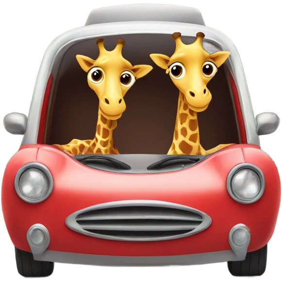 two cute giraffes driving in a red car emoji