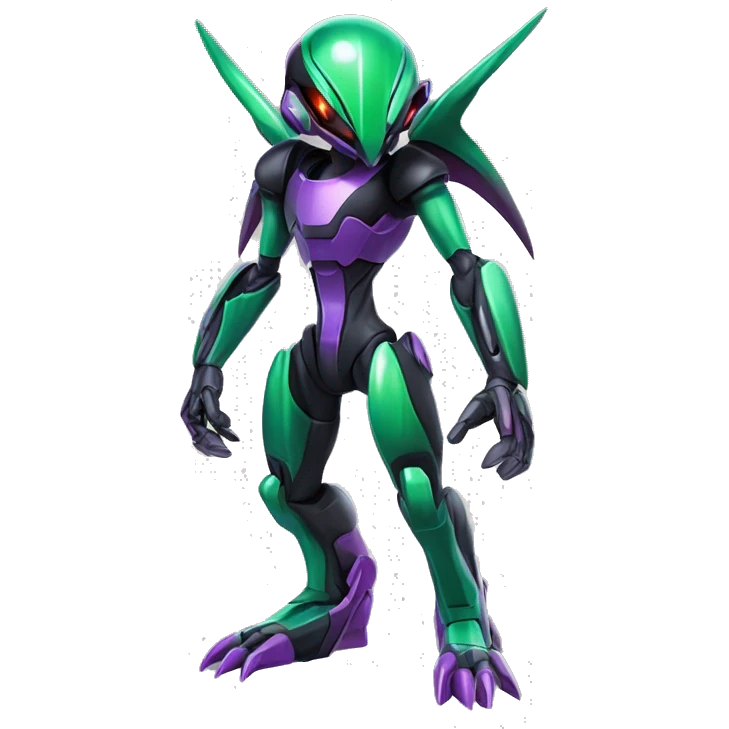 a shiny black-green-purple Genesect-Flygon-Raptor-Fakémon-Medabot-hybrid with a futuristic visor-helmet full body emoji